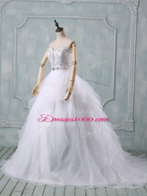 White Sleeveless Organza Brush Train Zipper Wedding Dresses for Wedding Party