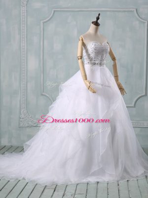 White Sleeveless Organza Brush Train Zipper Wedding Dresses for Wedding Party