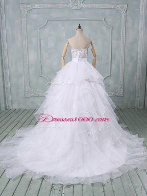 White Sleeveless Organza Brush Train Zipper Wedding Dresses for Wedding Party