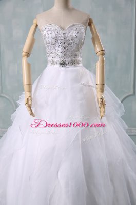 White Sleeveless Organza Brush Train Zipper Wedding Dresses for Wedding Party