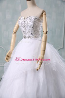 White Sleeveless Organza Brush Train Zipper Wedding Dresses for Wedding Party