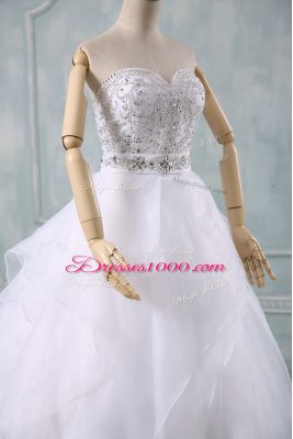 White Sleeveless Organza Brush Train Zipper Wedding Dresses for Wedding Party