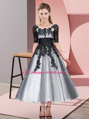 Free and Easy Grey Scoop Neckline Beading and Lace Wedding Party Dress Short Sleeves Lace Up