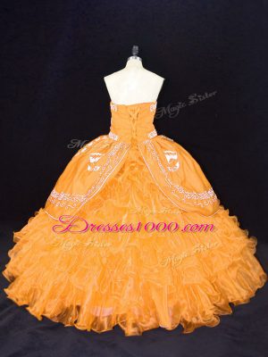 Floor Length Gold Sweet 16 Dress Strapless Sleeveless Lace Up