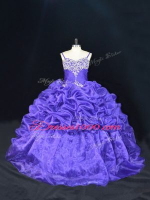 Lovely Purple Lace Up Straps Beading and Pick Ups Sweet 16 Dresses Organza Sleeveless Brush Train