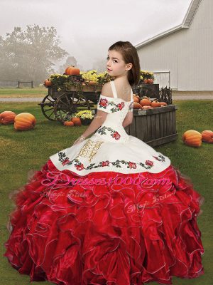 Fuchsia Organza Lace Up Straps Sleeveless Floor Length Little Girls Pageant Gowns Embroidery and Ruffles