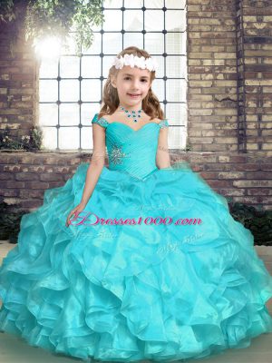 Straps Sleeveless Organza Girls Pageant Dresses Beading and Ruffles Lace Up