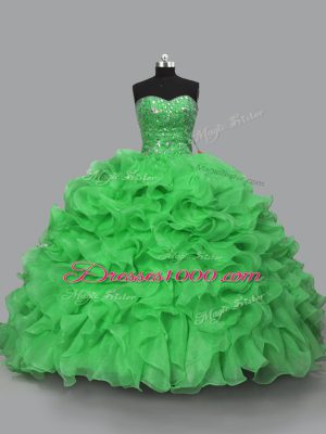 Floor Length Green Quinceanera Dress Organza Sleeveless Beading and Ruffles