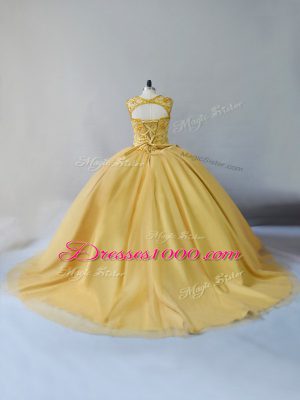 Captivating Lace Up Sweet 16 Dresses Gold for Sweet 16 and Quinceanera with Beading Brush Train