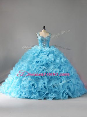 Enchanting Straps Sleeveless Court Train Zipper Vestidos de Quinceanera Baby Blue Fabric With Rolling Flowers