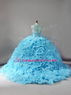 Enchanting Straps Sleeveless Court Train Zipper Vestidos de Quinceanera Baby Blue Fabric With Rolling Flowers
