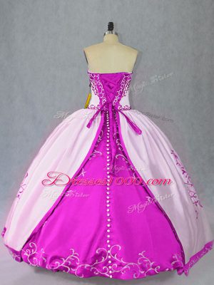 High Class Strapless Sleeveless Lace Up Quince Ball Gowns White And Purple Satin