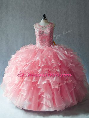High Class Pink Ball Gowns Organza Scoop Sleeveless Beading and Ruffles Lace Up Quinceanera Gowns