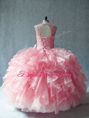 High Class Pink Ball Gowns Organza Scoop Sleeveless Beading and Ruffles Lace Up Quinceanera Gowns