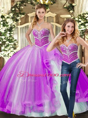 Lilac Sleeveless Tulle Lace Up Ball Gown Prom Dress for Sweet 16 and Quinceanera