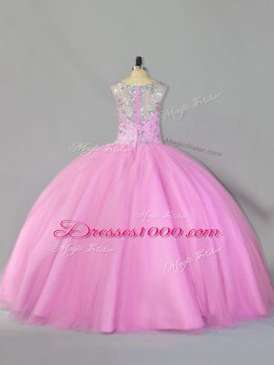 Baby Pink Tulle Zipper Sweet 16 Quinceanera Dress Sleeveless Floor Length Sequins