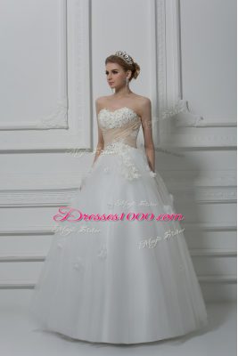 Deluxe Sleeveless Floor Length Beading and Appliques Lace Up Wedding Dresses with White