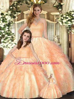 Clearance Floor Length Lace Up Ball Gown Prom Dress Orange for Military Ball and Sweet 16 and Quinceanera with Beading and Ruffles