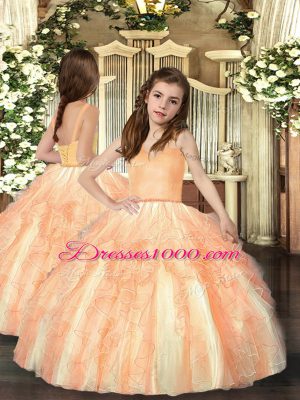 Clearance Floor Length Lace Up Ball Gown Prom Dress Orange for Military Ball and Sweet 16 and Quinceanera with Beading and Ruffles