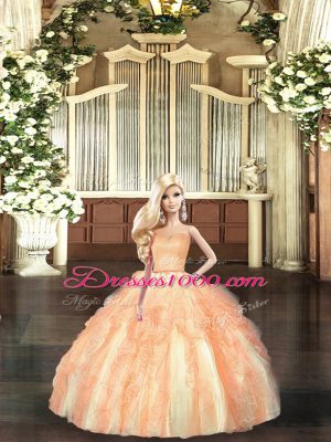 Clearance Floor Length Lace Up Ball Gown Prom Dress Orange for Military Ball and Sweet 16 and Quinceanera with Beading and Ruffles