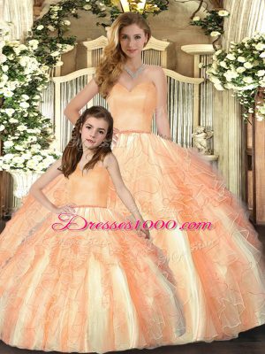 Clearance Floor Length Lace Up Ball Gown Prom Dress Orange for Military Ball and Sweet 16 and Quinceanera with Beading and Ruffles