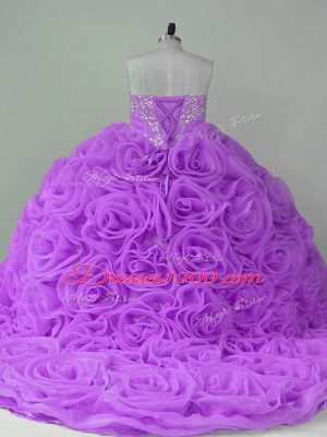 Fabulous Lavender Quinceanera Dresses Fabric With Rolling Flowers Brush Train Sleeveless Beading