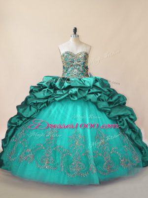Fashionable Turquoise Sleeveless Brush Train Beading and Pick Ups Quinceanera Gown