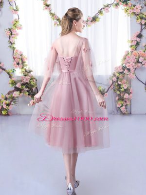 Lace and Belt Bridesmaid Gown Pink Lace Up Sleeveless Tea Length