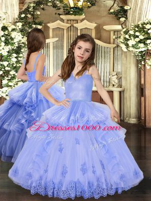 Floor Length Lace Up Child Pageant Dress Lavender for Party and Sweet 16 and Wedding Party with Appliques