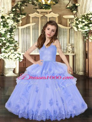 Floor Length Lace Up Child Pageant Dress Lavender for Party and Sweet 16 and Wedding Party with Appliques