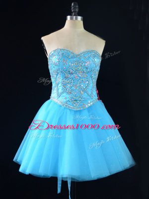 Aqua Blue A-line Sweetheart Sleeveless Tulle Mini Length Lace Up Beading Party Dresses