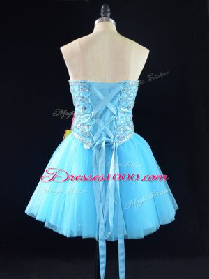 Aqua Blue A-line Sweetheart Sleeveless Tulle Mini Length Lace Up Beading Party Dresses