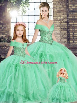 Deluxe Apple Green Tulle Lace Up Off The Shoulder Sleeveless Floor Length Sweet 16 Dress Beading and Ruffles