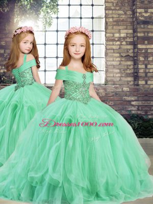 Deluxe Apple Green Tulle Lace Up Off The Shoulder Sleeveless Floor Length Sweet 16 Dress Beading and Ruffles