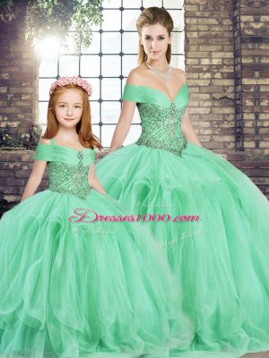 Deluxe Apple Green Tulle Lace Up Off The Shoulder Sleeveless Floor Length Sweet 16 Dress Beading and Ruffles