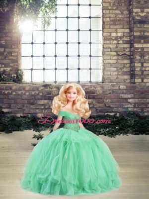 Deluxe Apple Green Tulle Lace Up Off The Shoulder Sleeveless Floor Length Sweet 16 Dress Beading and Ruffles