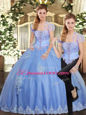 Luxury Beading and Appliques Sweet 16 Dresses Light Blue Lace Up Sleeveless Floor Length