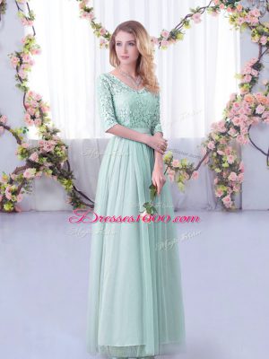Elegant Lace and Belt Wedding Party Dress Light Blue Side Zipper Half Sleeves Floor Length