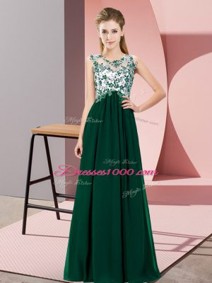 Suitable Dark Green Empire Chiffon Scoop Sleeveless Beading and Appliques Floor Length Zipper Wedding Guest Dresses