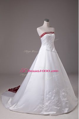 Sleeveless Beading and Embroidery Lace Up Wedding Dress with White Brush Train