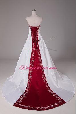 Sleeveless Beading and Embroidery Lace Up Wedding Dress with White Brush Train