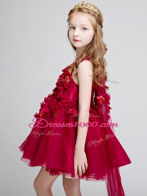 Wine Red Sleeveless Watteau Train Hand Made Flower Flower Girl Dresses for Less