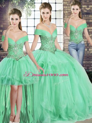 Elegant Sleeveless Tulle Floor Length Lace Up 15 Quinceanera Dress in Apple Green with Beading and Ruffles