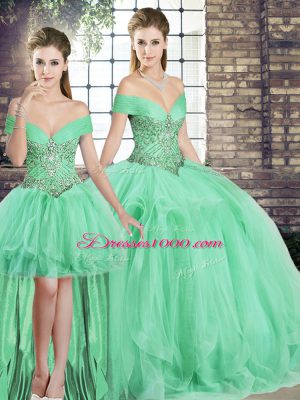 Elegant Sleeveless Tulle Floor Length Lace Up 15 Quinceanera Dress in Apple Green with Beading and Ruffles