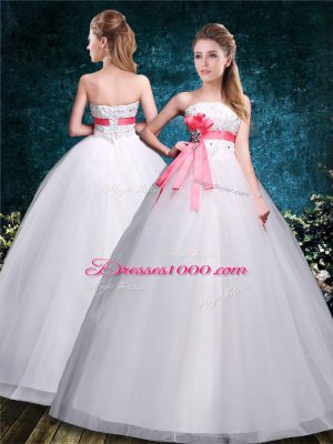 Colorful Floor Length White Wedding Gowns Tulle Sleeveless Appliques and Belt