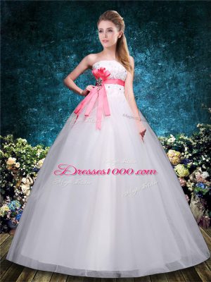 Colorful Floor Length White Wedding Gowns Tulle Sleeveless Appliques and Belt