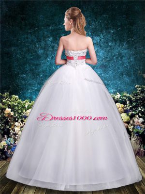 Colorful Floor Length White Wedding Gowns Tulle Sleeveless Appliques and Belt