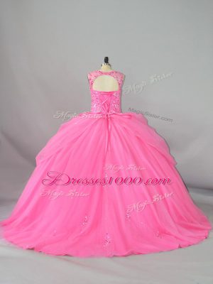 Brush Train Ball Gowns Sweet 16 Dresses Rose Pink Scoop Tulle Sleeveless Lace Up