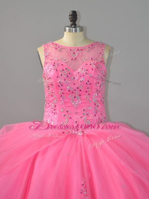 Brush Train Ball Gowns Sweet 16 Dresses Rose Pink Scoop Tulle Sleeveless Lace Up