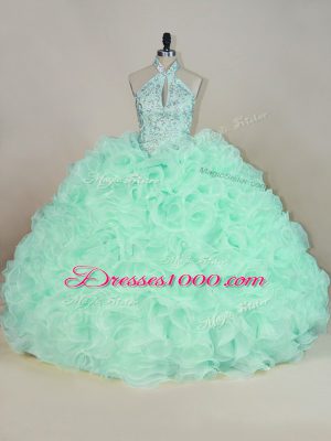 Affordable Apple Green Halter Top Lace Up Beading and Ruffles Quinceanera Gowns Brush Train Sleeveless